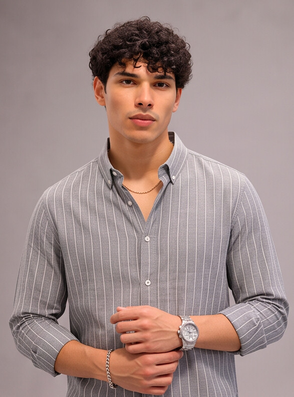 Men Grey Tailored Pinstripe Slim Shirt
