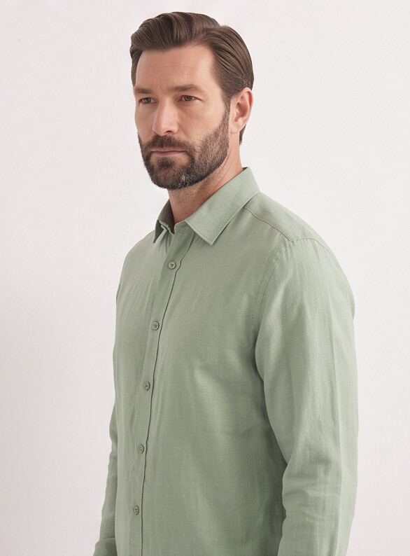 Men Olive Viscose Linen Shirt