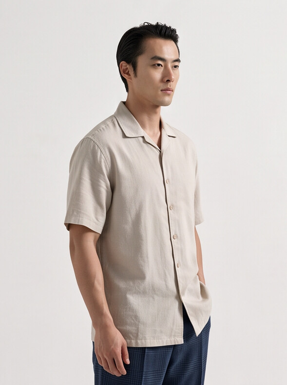 Men Cream Cuban Collar Linen Blend Shirt