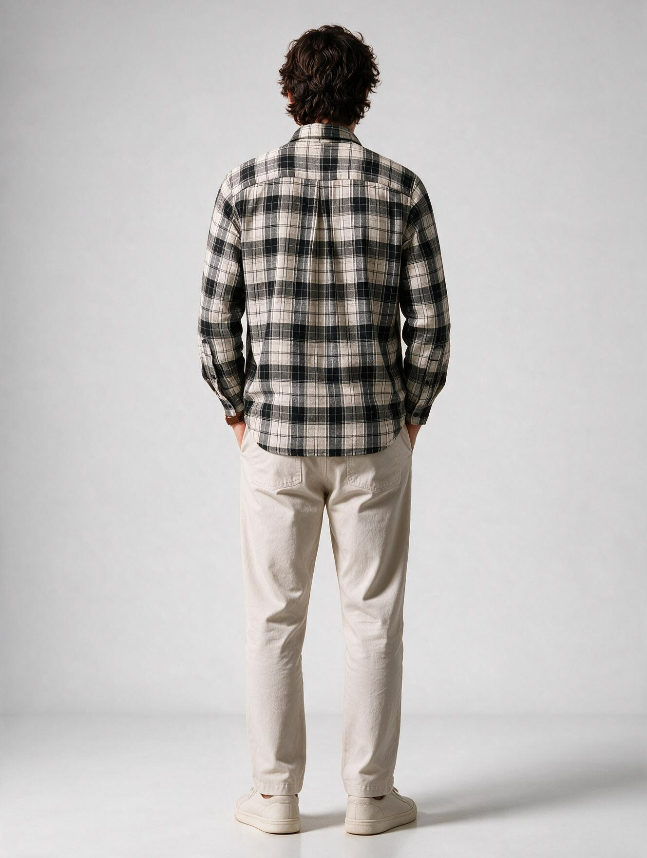 Men Grey Plaid Checked Long Sleeve Casual Shirt