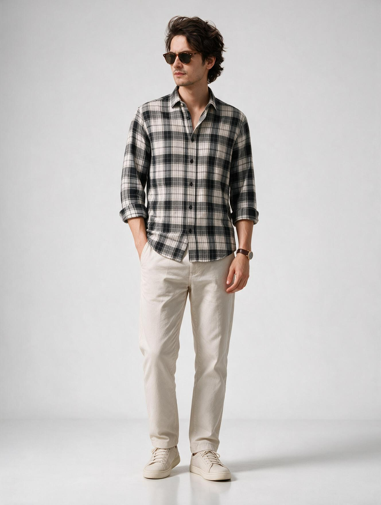 Men Grey Plaid Checked Long Sleeve Casual Shirt