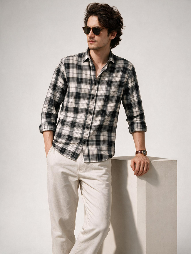 Men Grey Plaid Checked Long Sleeve Casual Shirt
