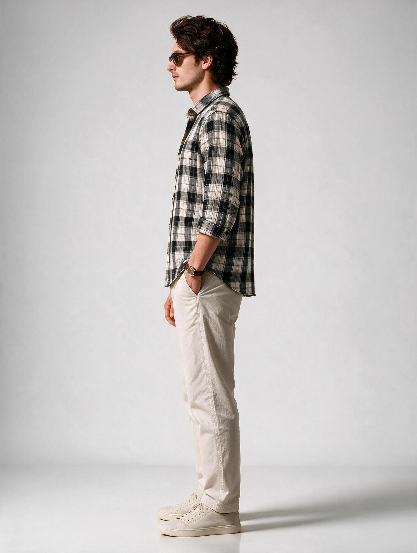 Men Grey Plaid Checked Long Sleeve Casual Shirt