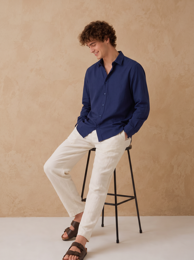 Men Navy Minimal Long Sleeve Shirt