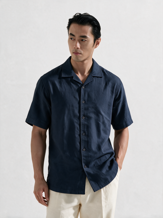 Men Navy Cuban Collar Linen Blend Shirt
