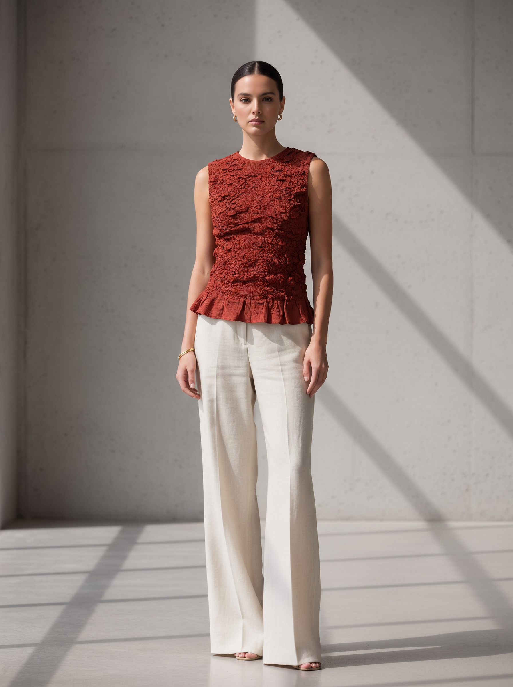 Women Red Crinkled Sleeveless Peplum Top
