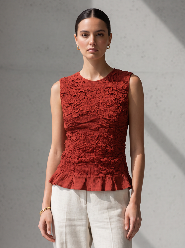 Women Red Crinkled Sleeveless Peplum Top
