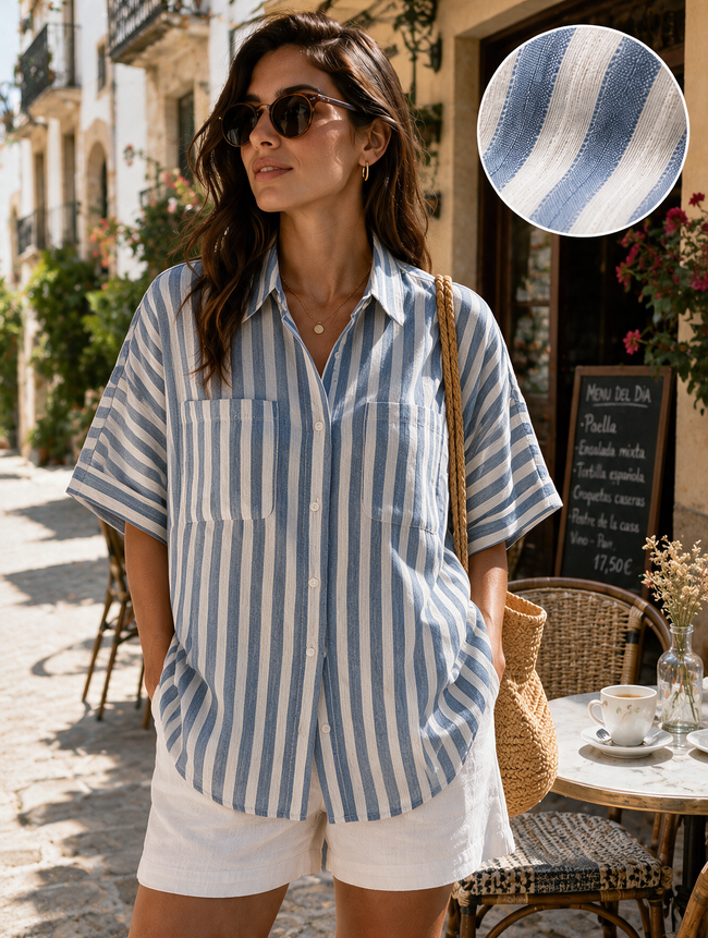 Women Blue & White Stripe Oversized Casual Shirt