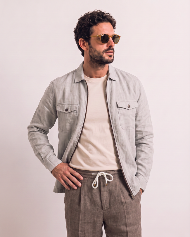 Men Linen Light Blue Regular Shacket