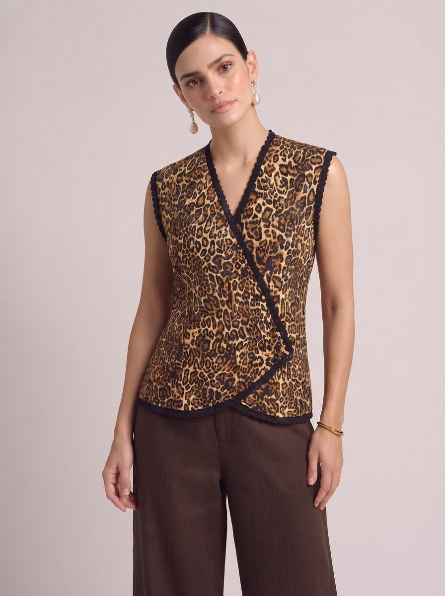 Women Wild Print Lace Wrap Top
