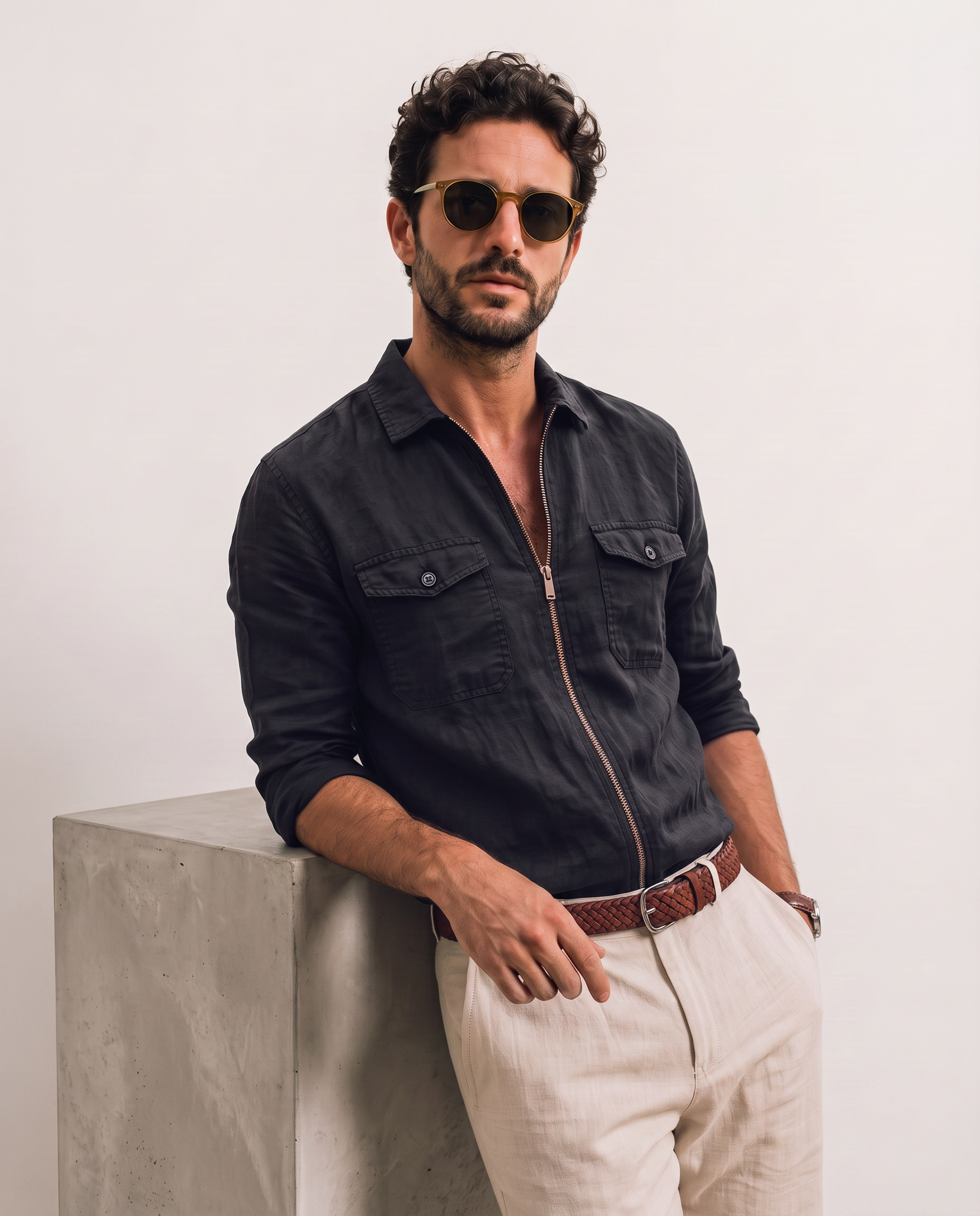 Men Linen Black Regular Shacket
