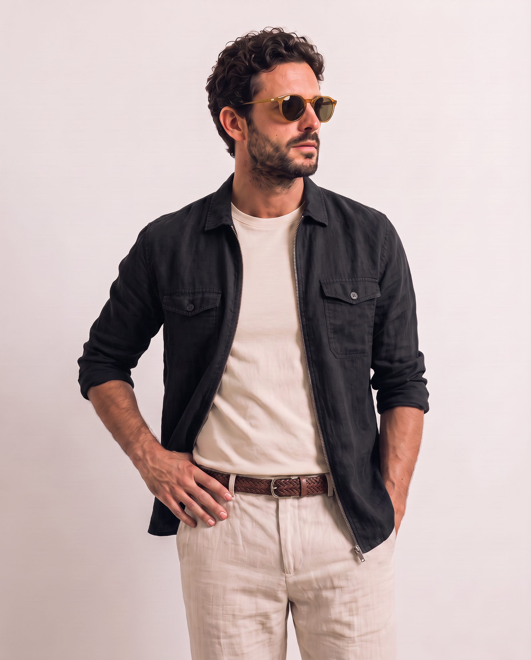 Men Linen Black Regular Shacket
