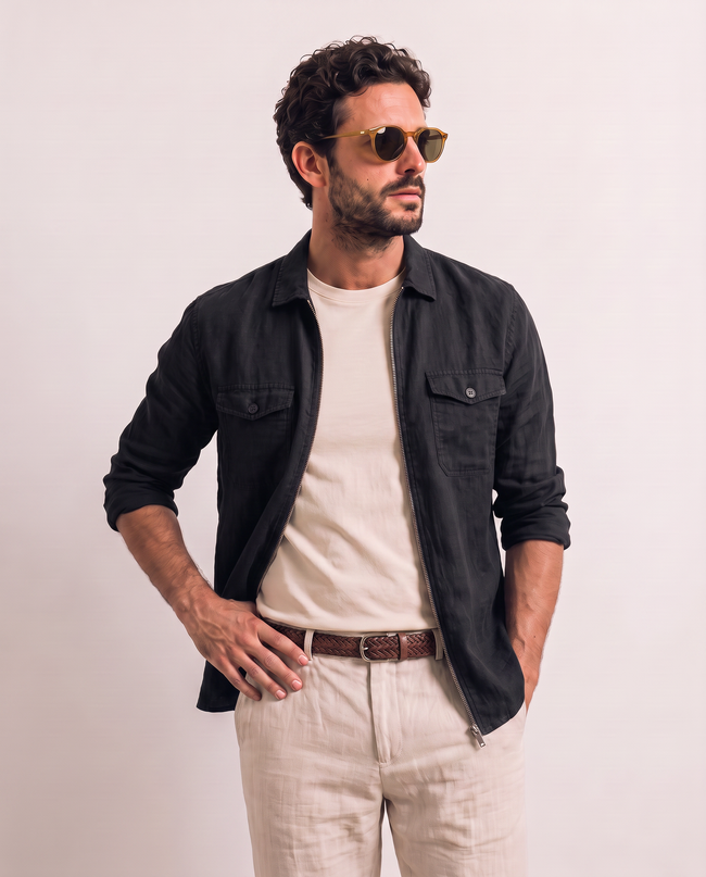 Men Linen Black Regular Shacket