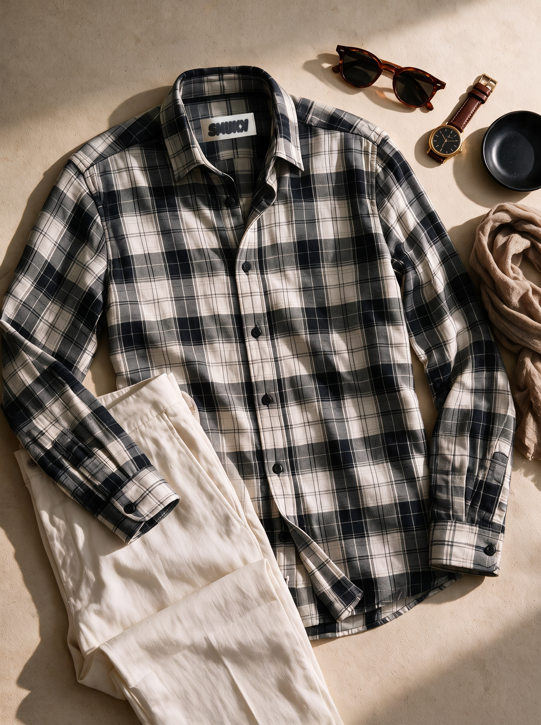 Men Grey Plaid Checked Long Sleeve Casual Shirt