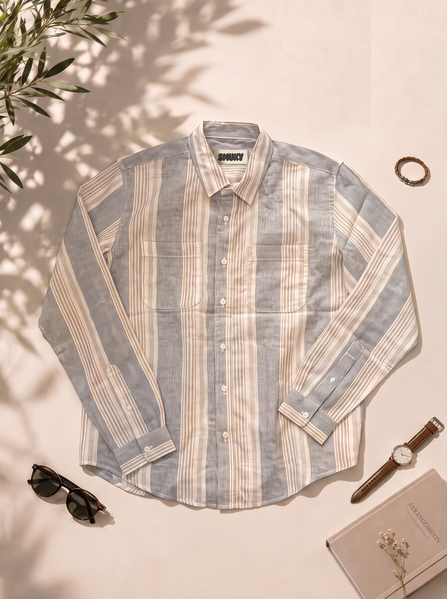 Men Grey Vertical Striped Double Pocket Casual Shirt