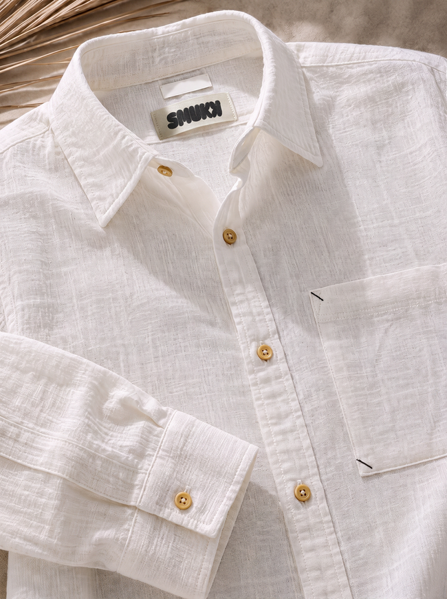 Men White Double Cloth Long Sleeve Shirt