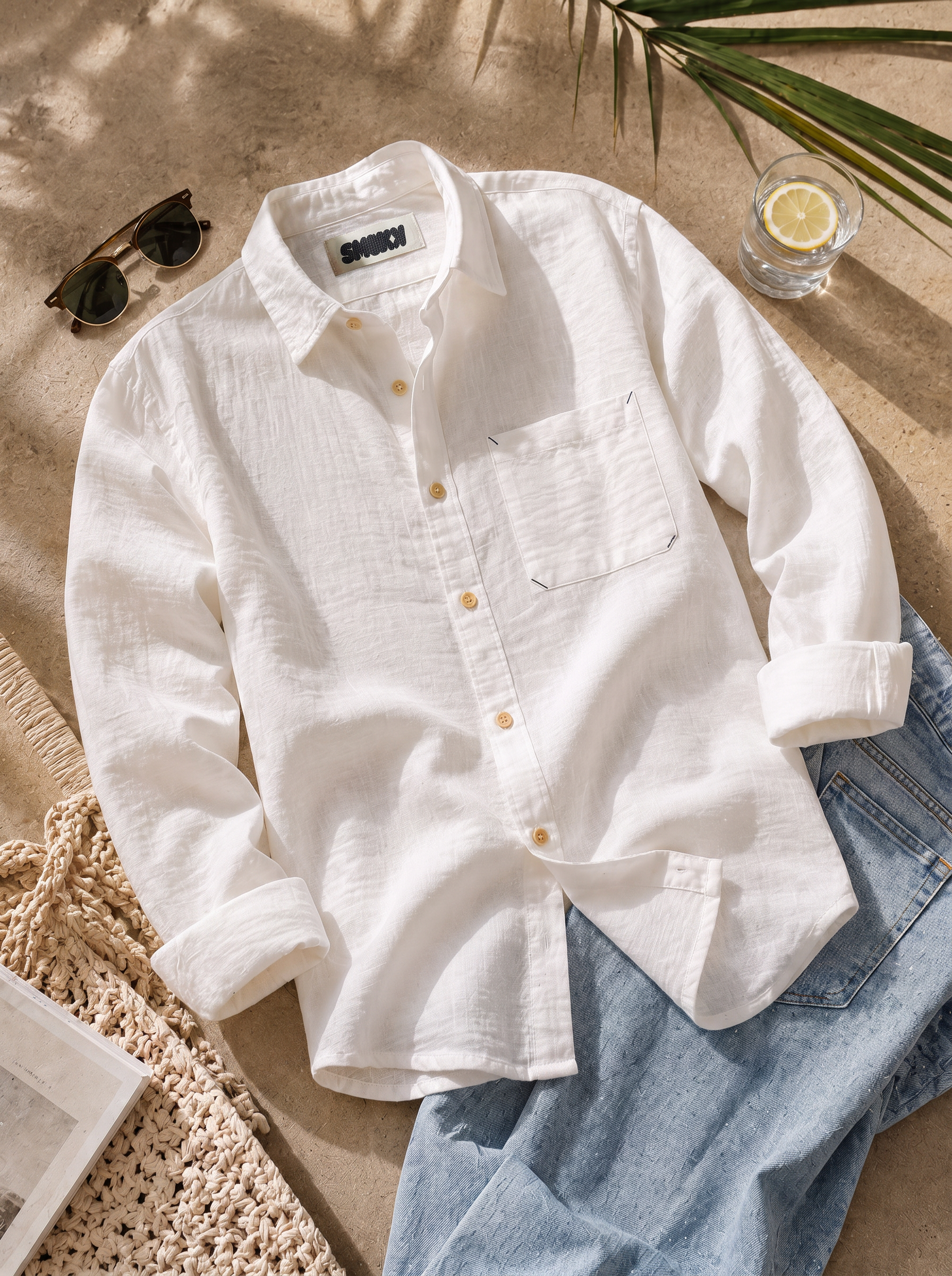Men White Double Cloth Long Sleeve Shirt