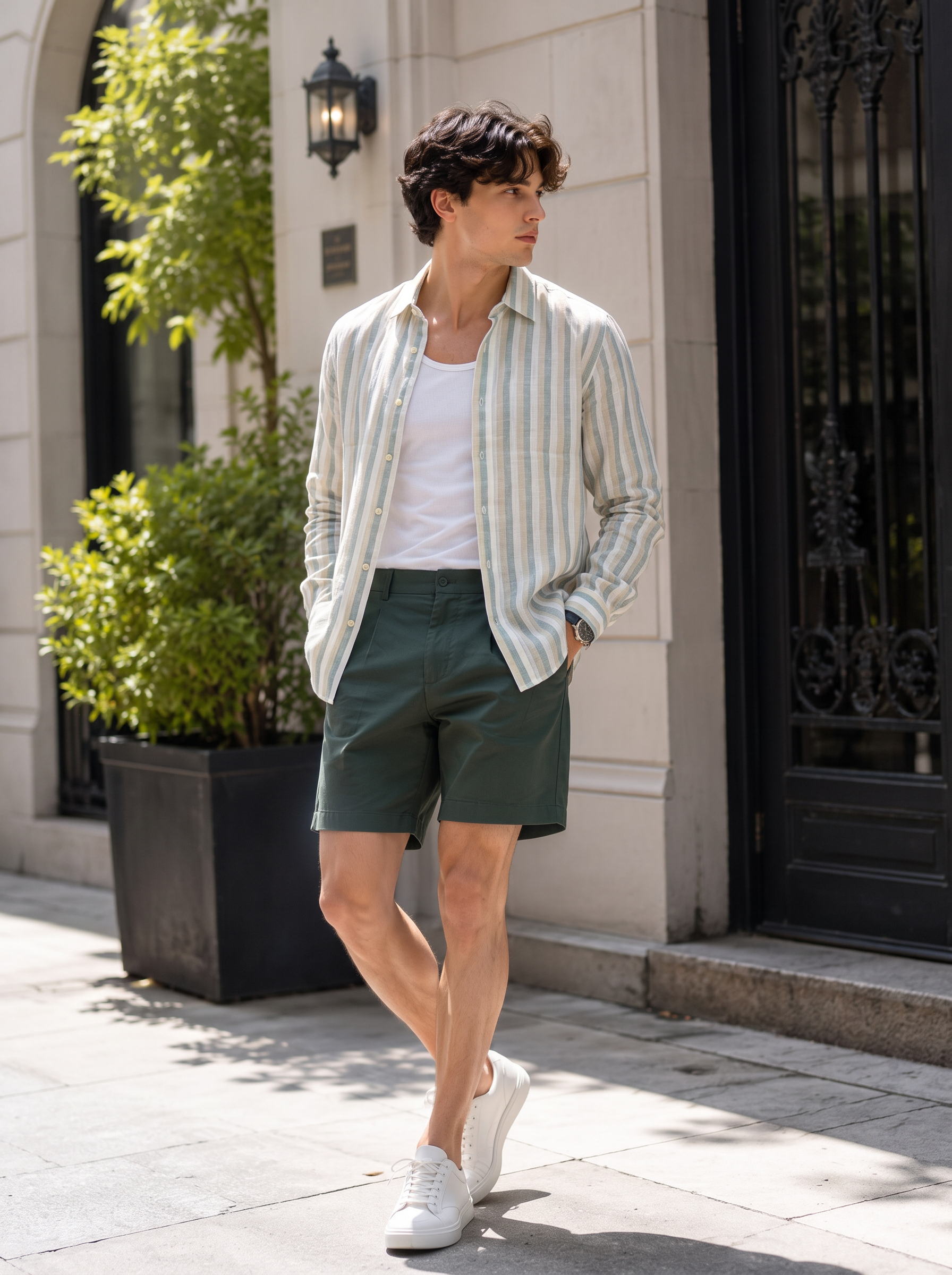 Men Green Vertical Striped Long Sleeve Shirt