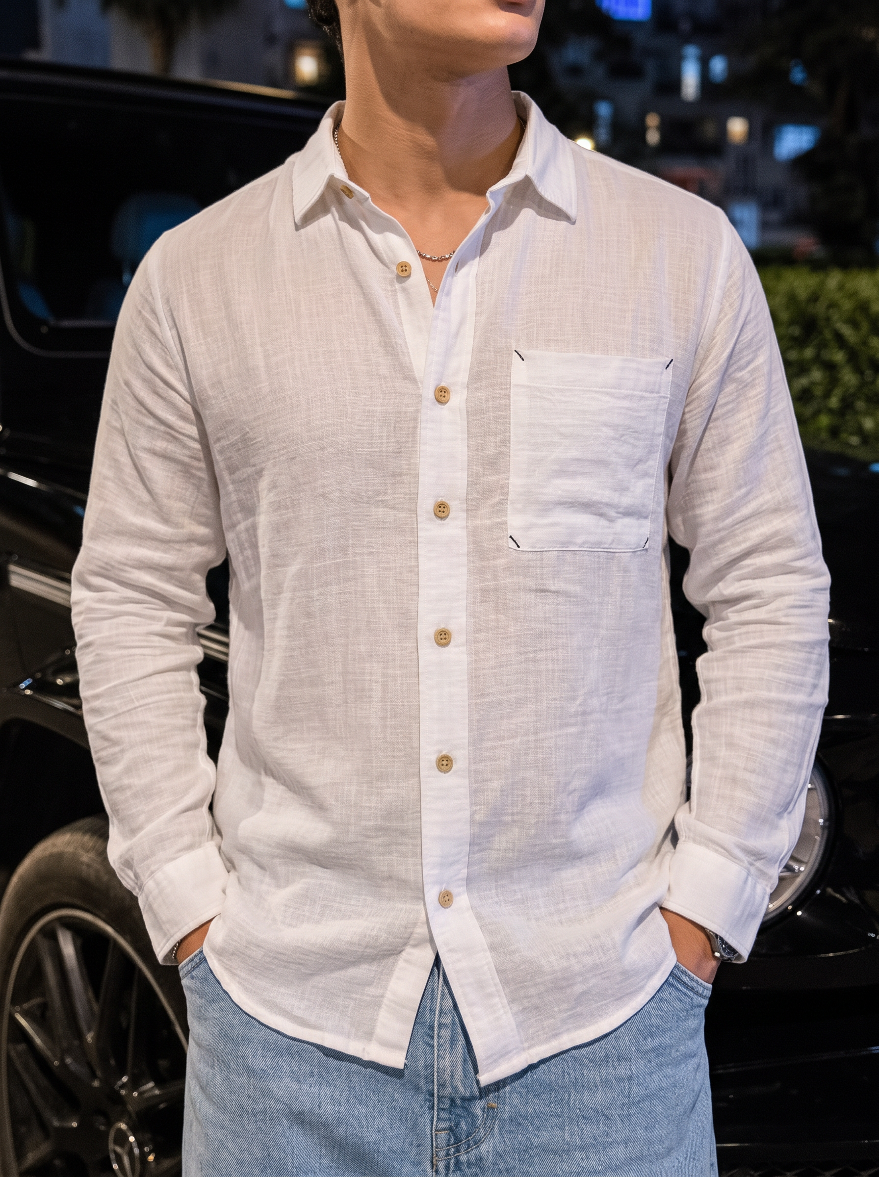Men White Double Cloth Long Sleeve Shirt