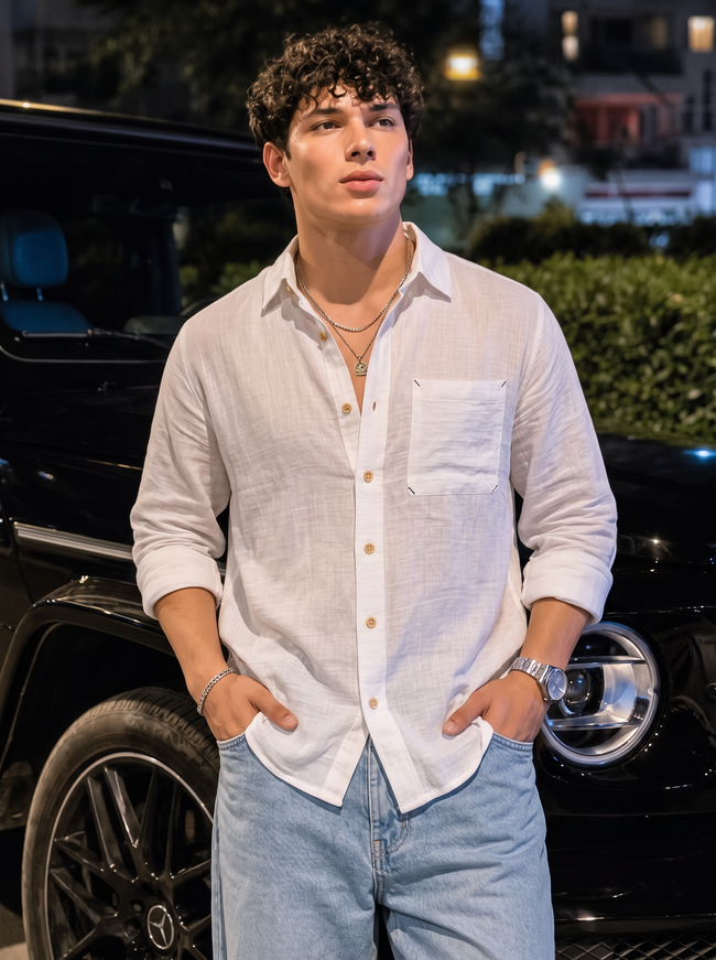Men White Double Cloth Long Sleeve Shirt