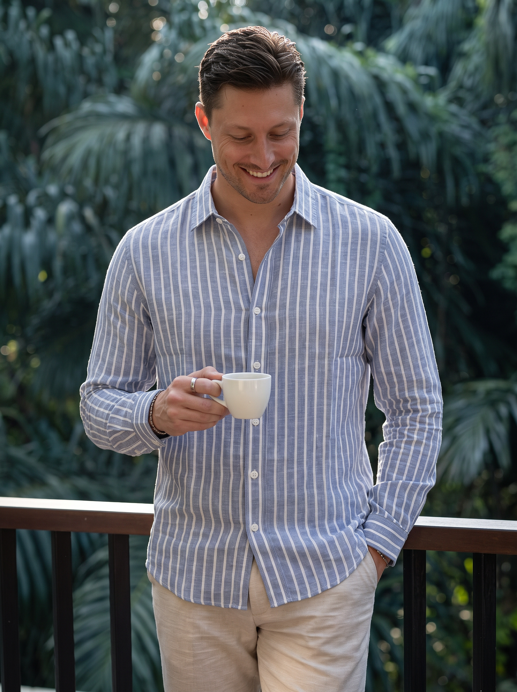 Men Blue Vertical Striped Long Sleeve Shirt