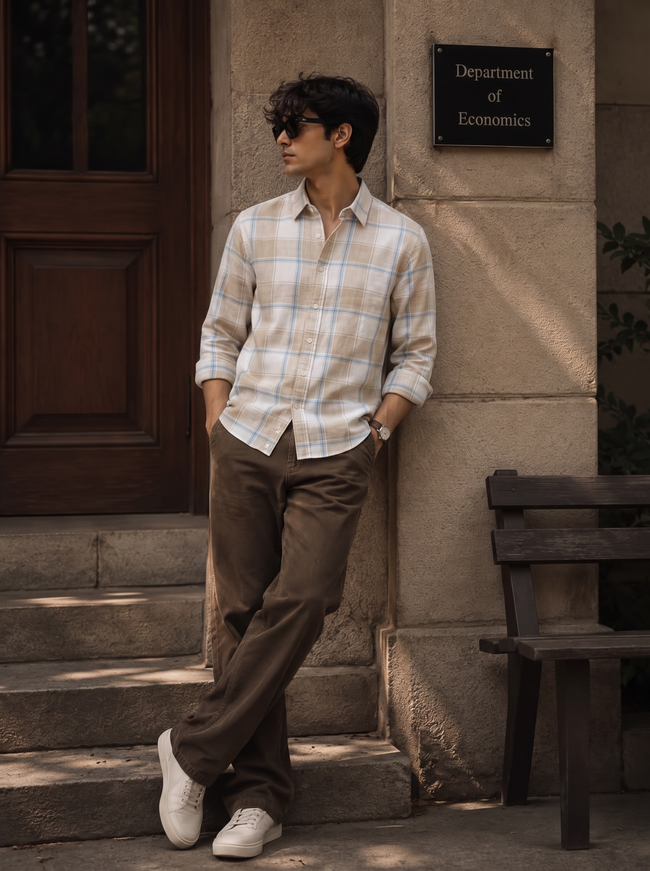 Men Beige Plaid Checked Long Sleeve Shirt