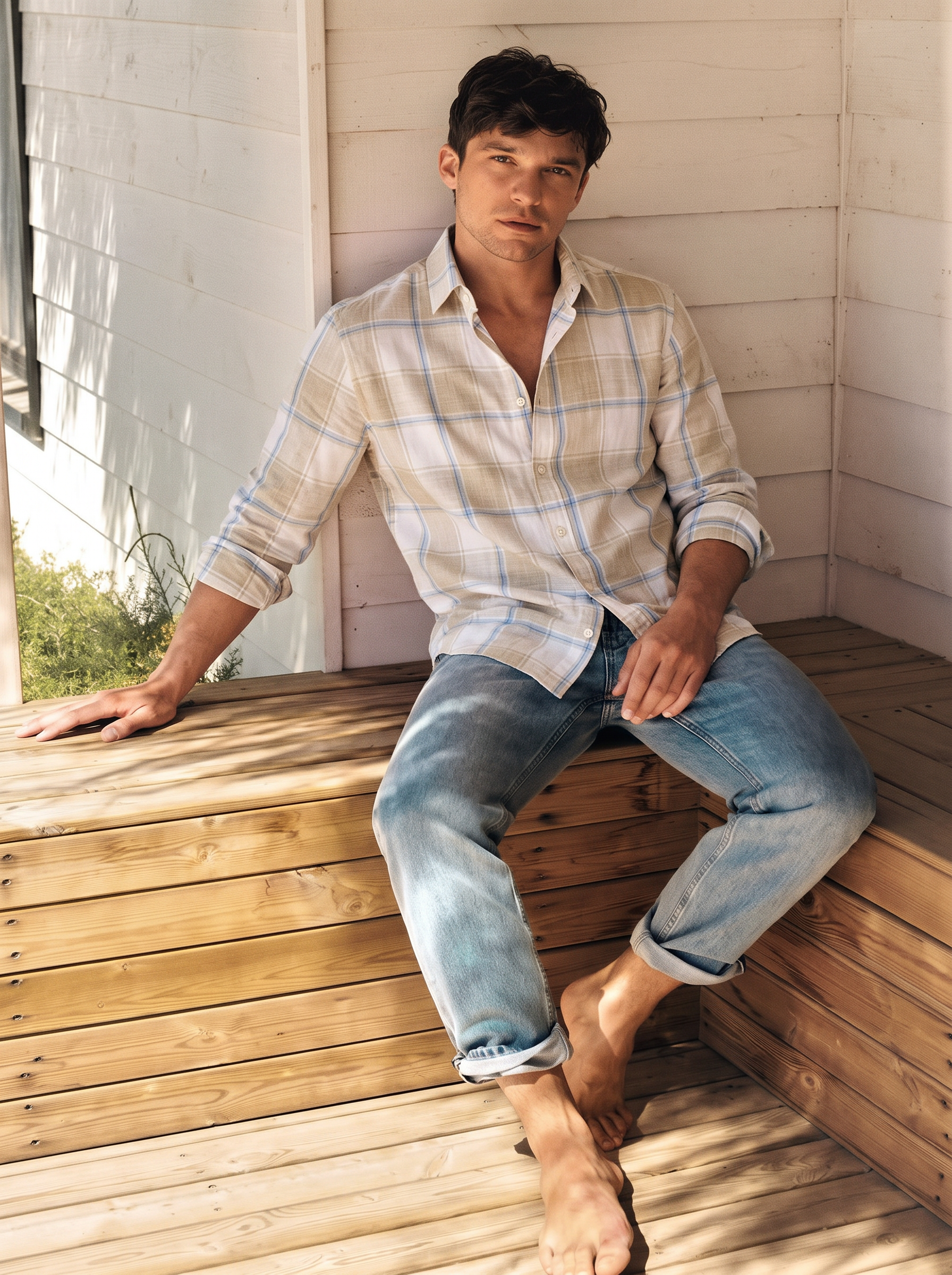 Men Beige Plaid Checked Long Sleeve Shirt