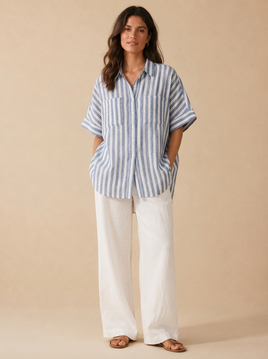 Women Blue & White Stripe Oversized Casual Shirt