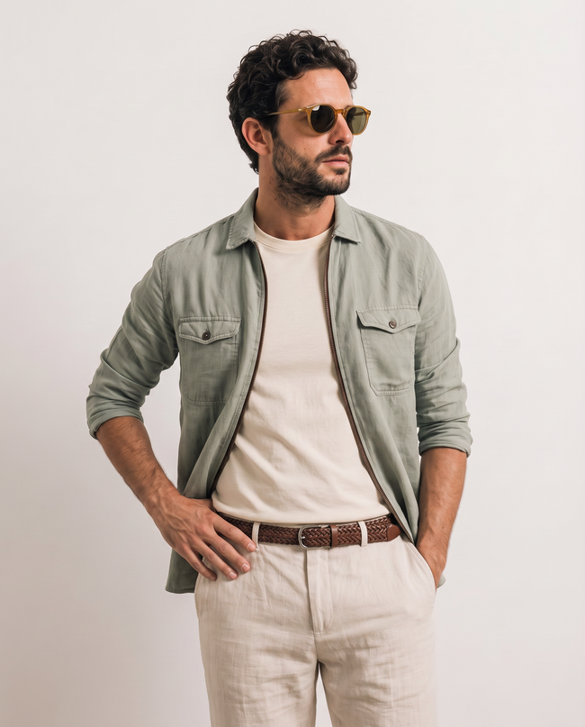 Men Linen Olive Regular Shacket