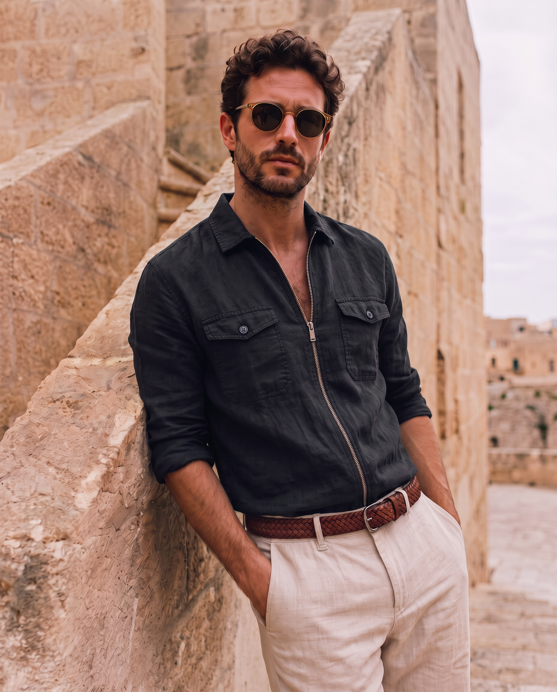Men Linen Black Regular Shacket