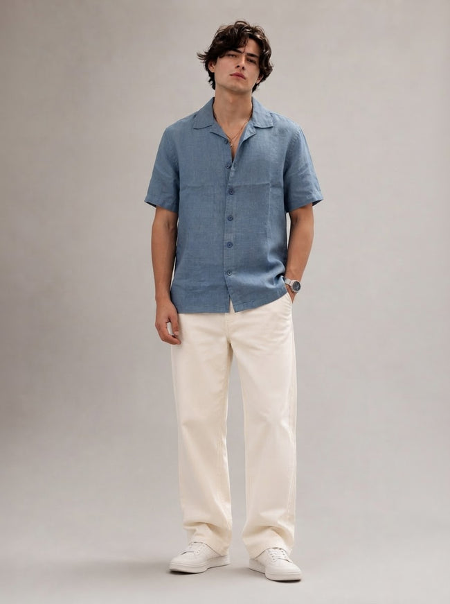 Men Blue 100% Linen Shirt