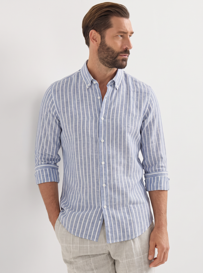 Men Blue Pinstripe Slim Shirt
