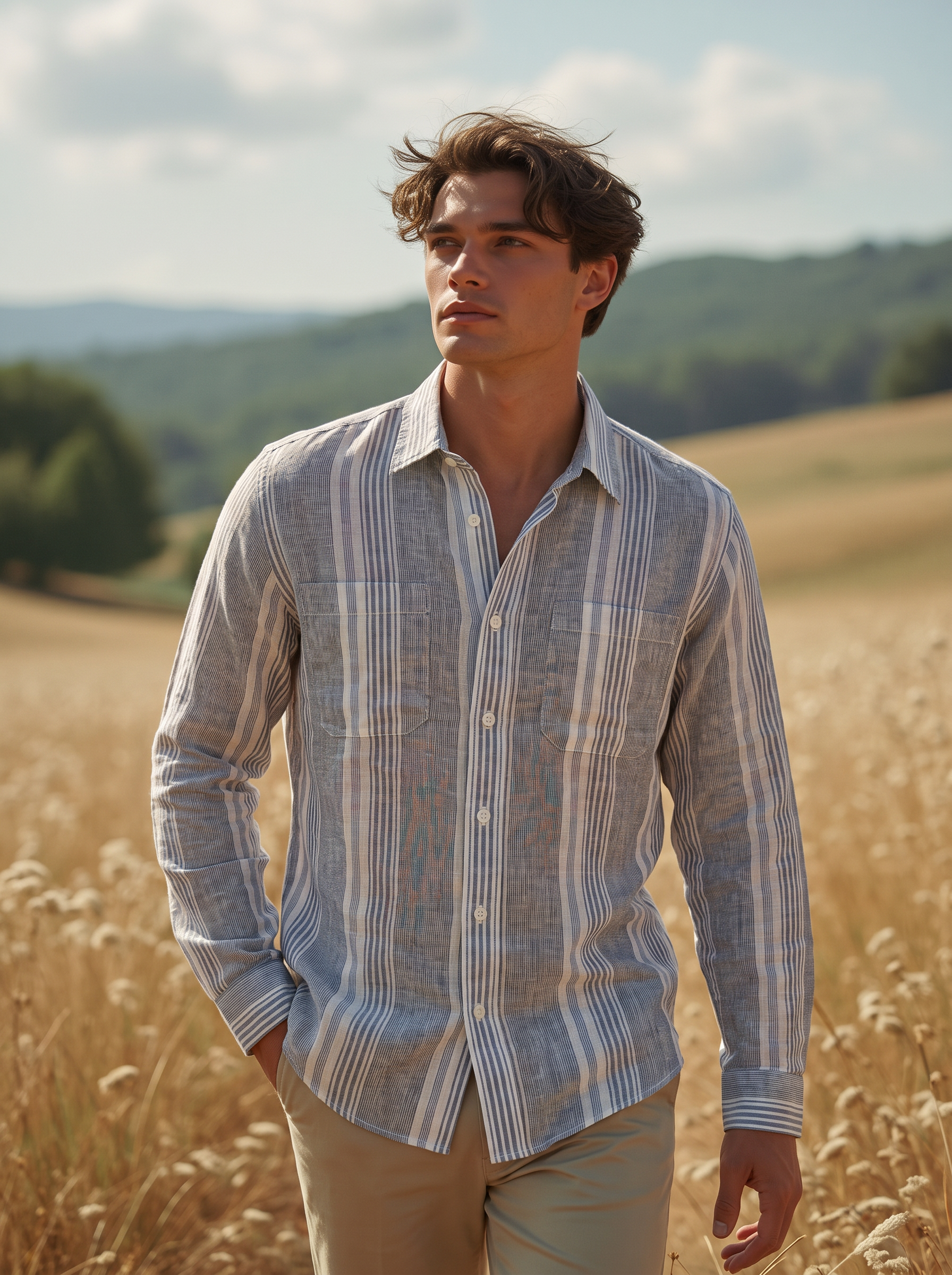 Men Grey Vertical Striped Long Sleeve Shirt
