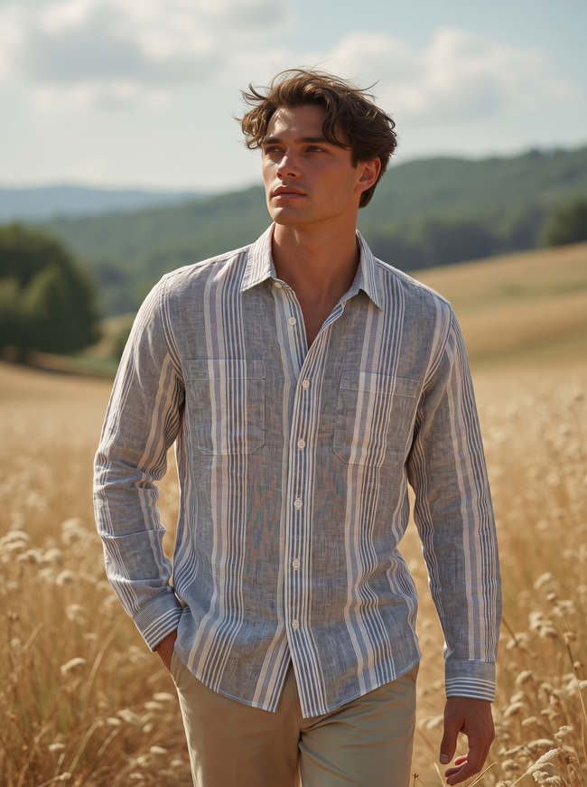 Men Grey Vertical Striped Long Sleeve Shirt