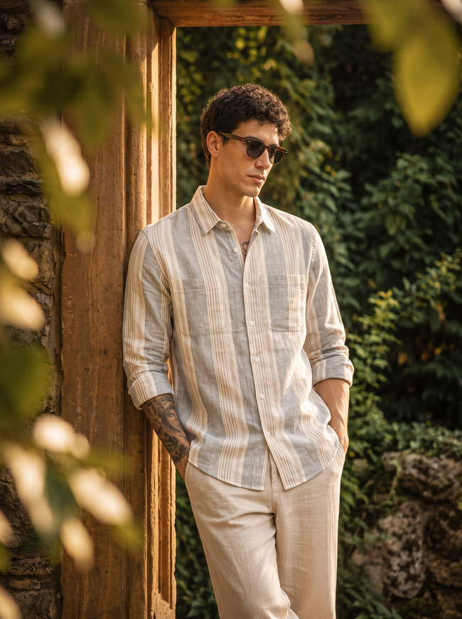 Men Grey Vertical Striped Double Pocket Casual Shirt
