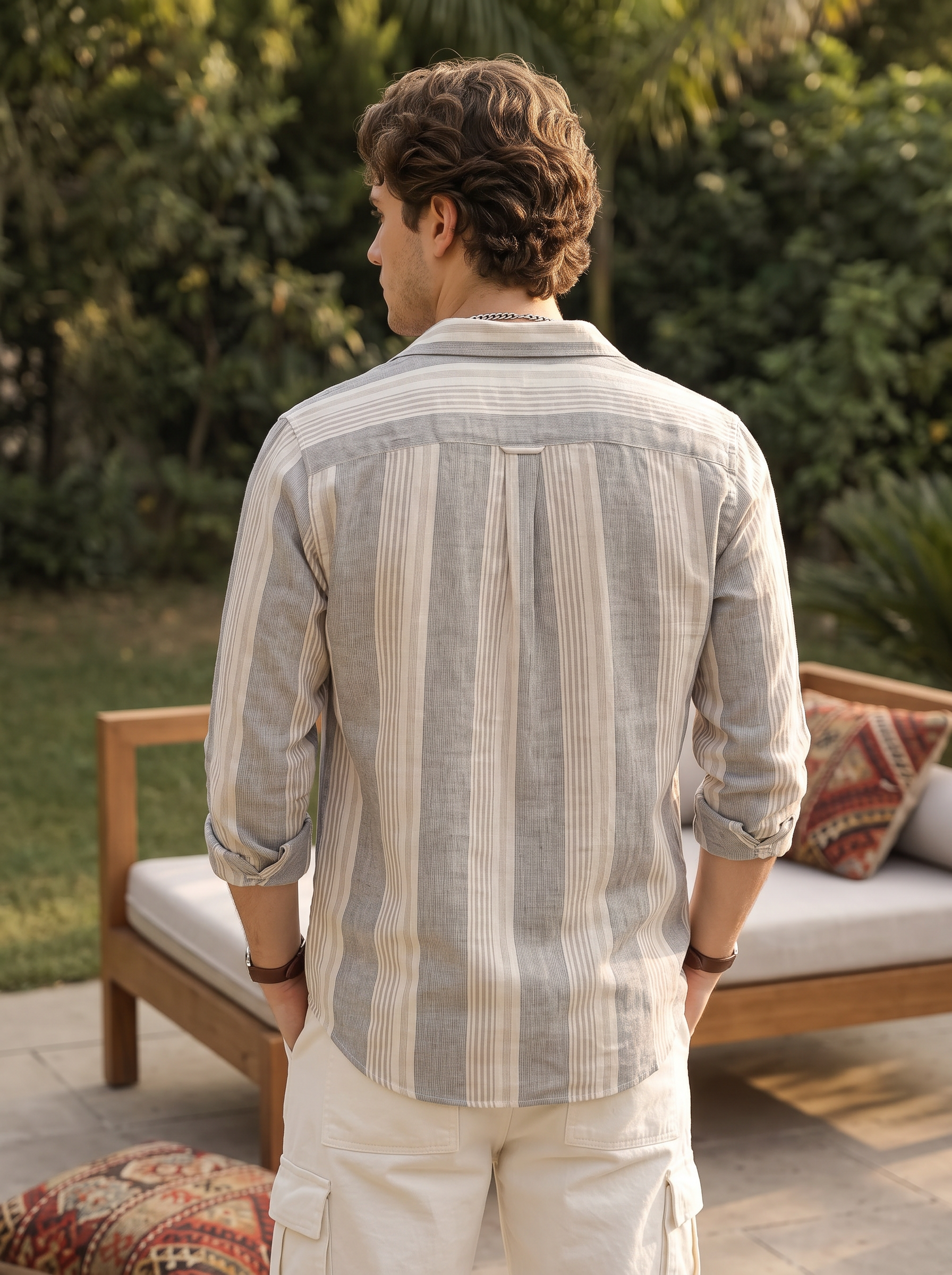 Men Grey Vertical Striped Double Pocket Casual Shirt