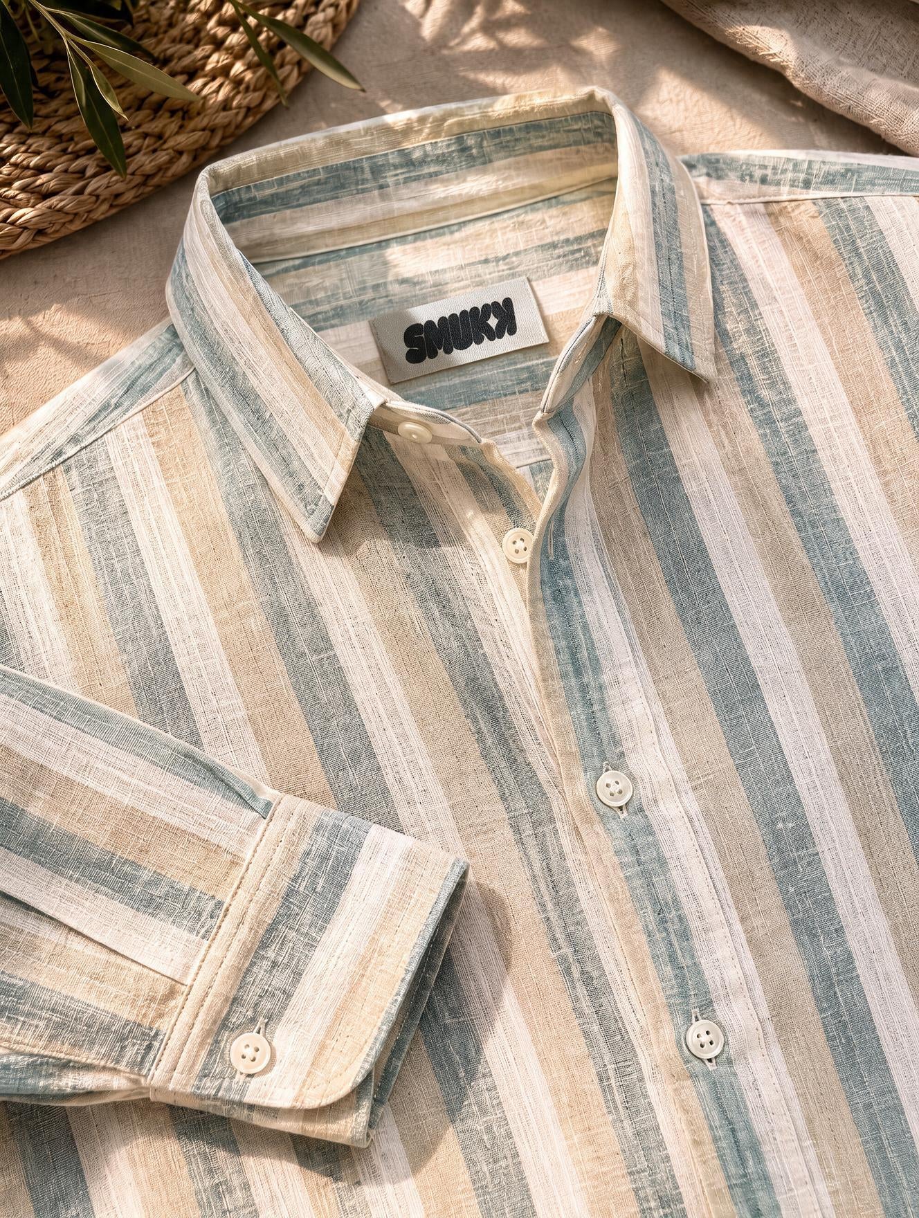 Men Green Vertical Striped Long Sleeve Shirt