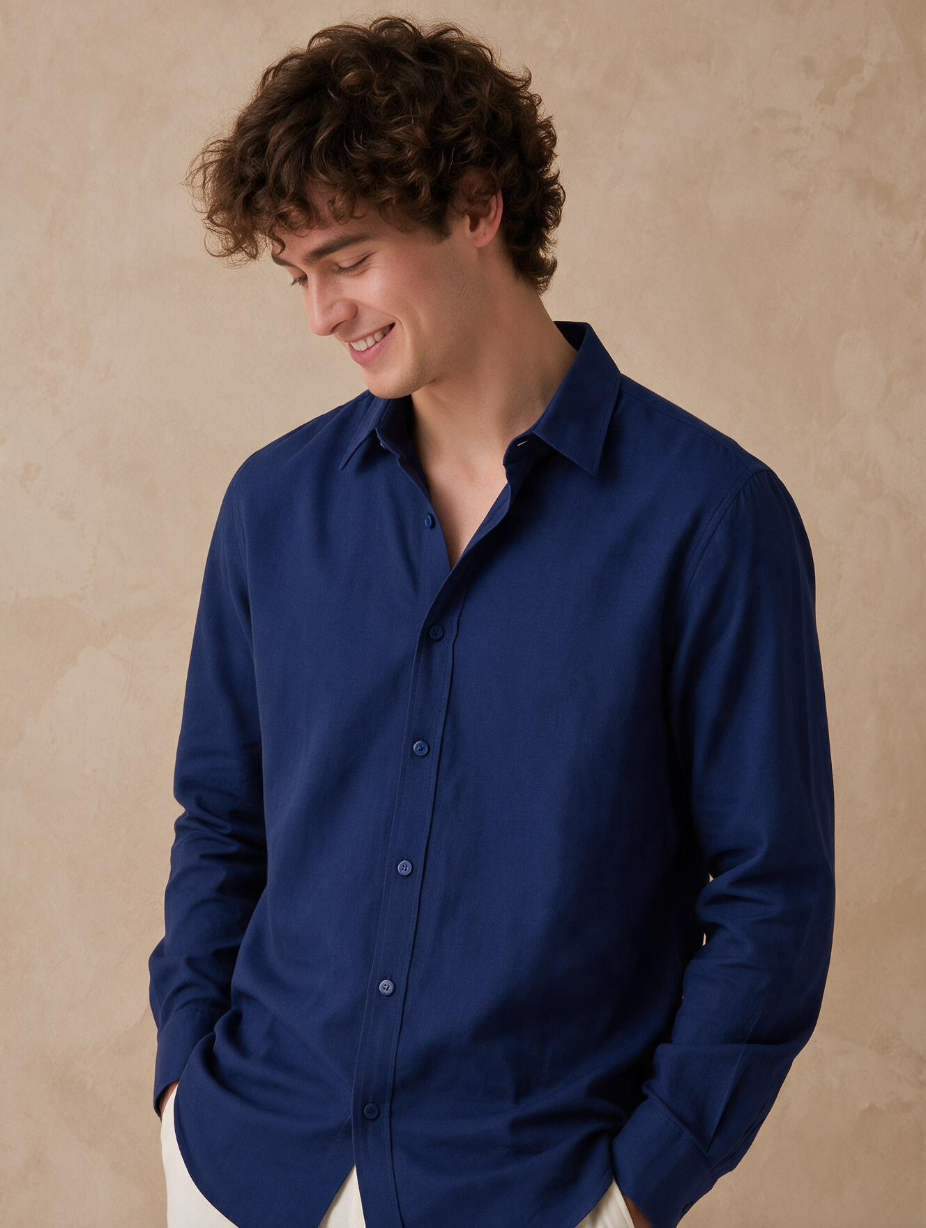 Men Navy Minimal Long Sleeve Shirt