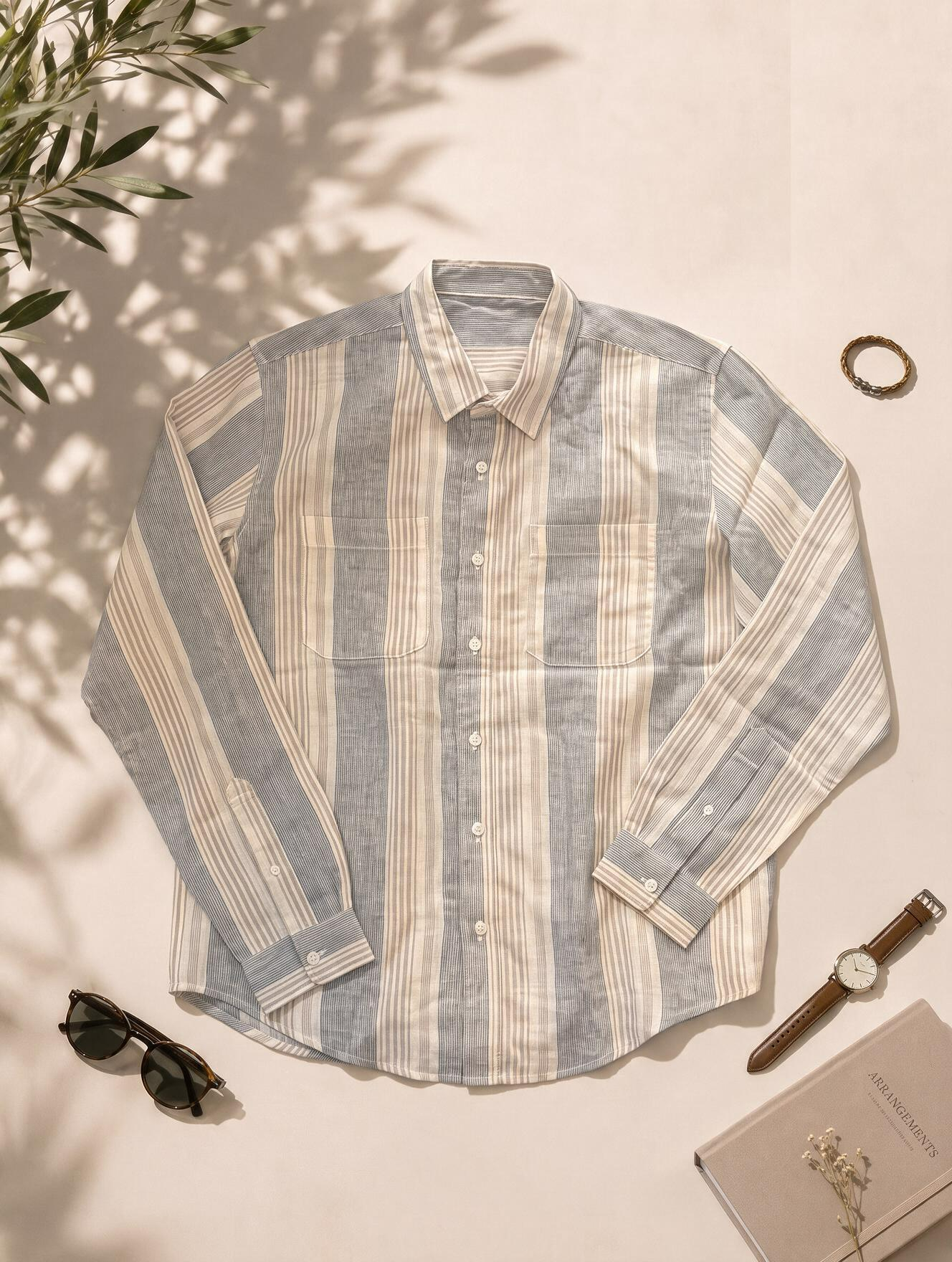 Men Grey Vertical Striped Double Pocket Casual Shirt