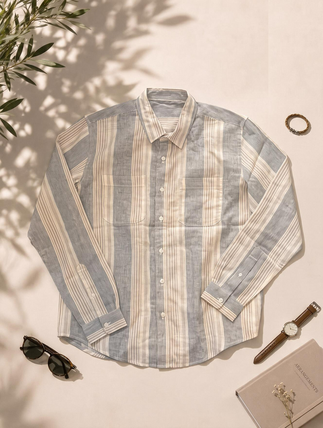 Men Grey Vertical Striped Double Pocket Casual Shirt