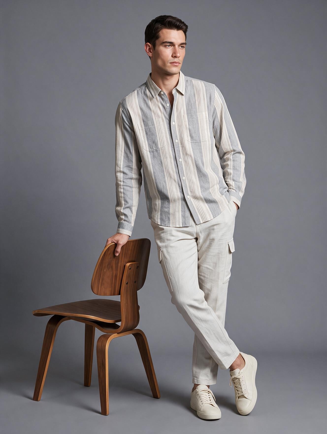 Men Grey Vertical Striped Double Pocket Casual Shirt
