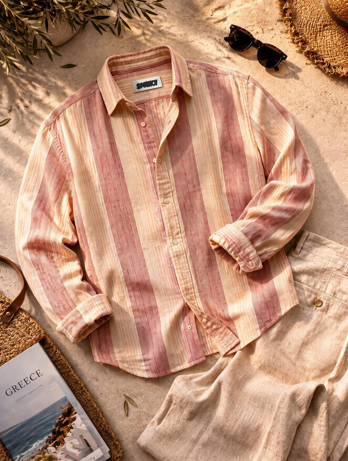 Men Red Vertical Stripe Long Sleeve Shirt