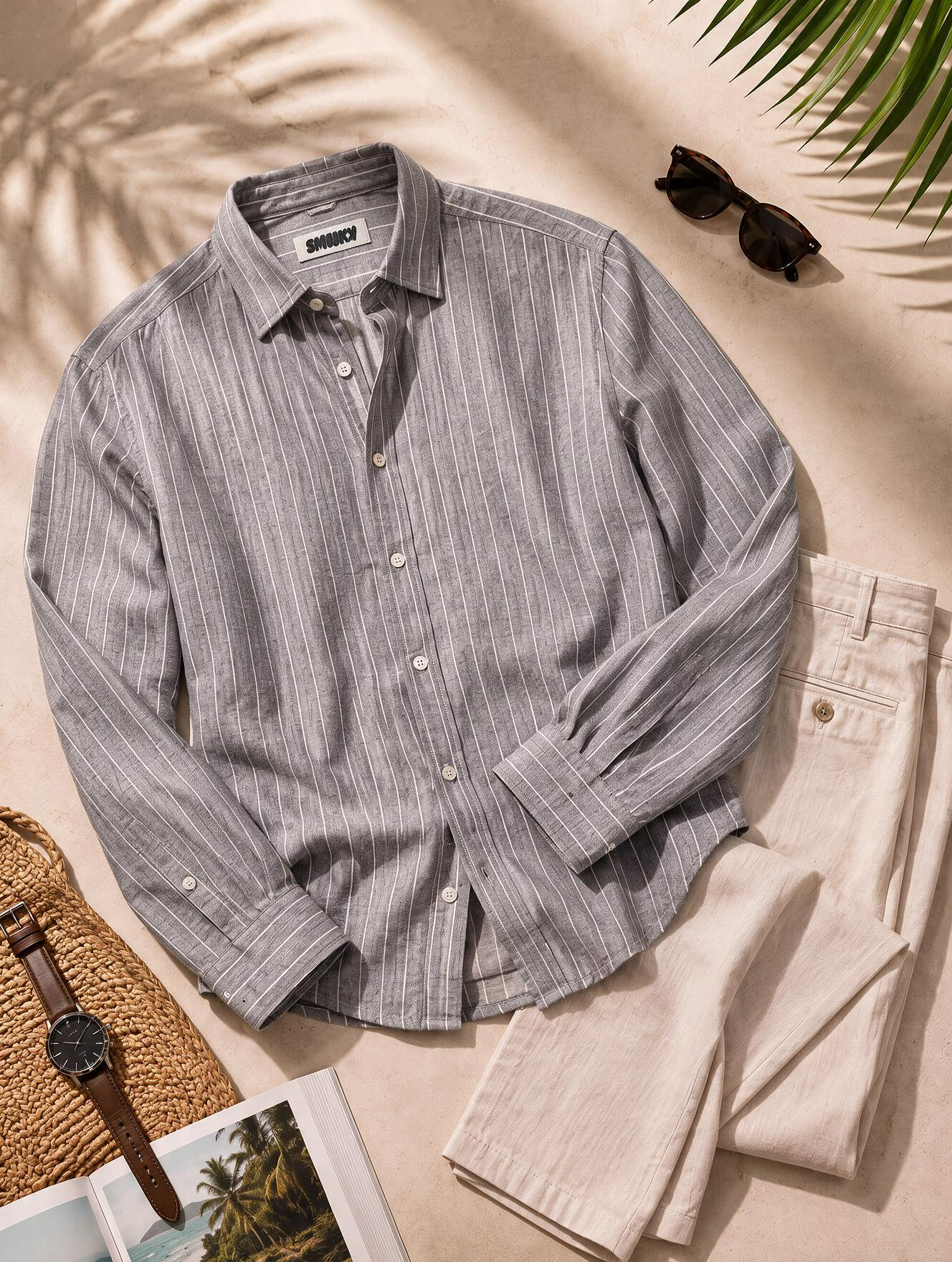 Men Grey Pinstripe Long Sleeve Shirt