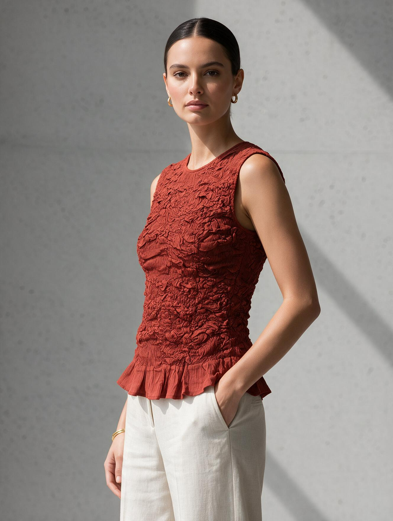 Women Red Crinkled Sleeveless Peplum Top