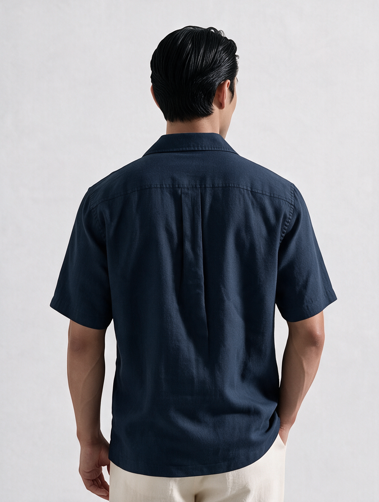 Men Navy Cuban Collar Linen Blend Shirt