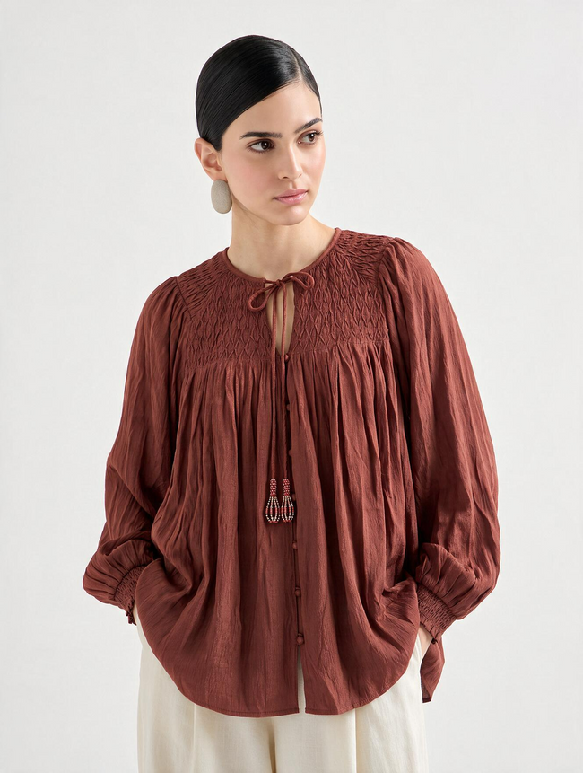 Women Brown Smocked Long Sleeve Top
