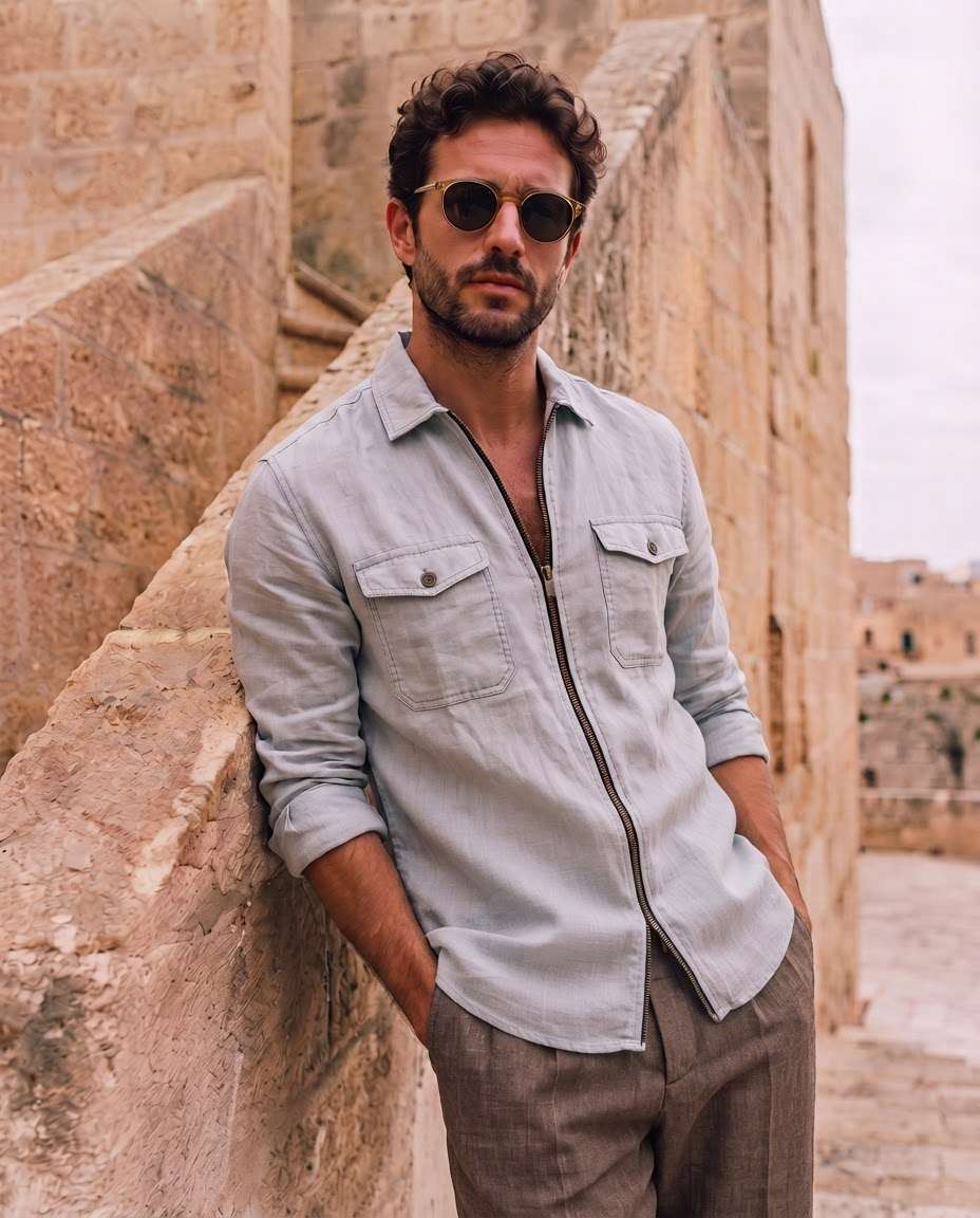 Men Linen Light Blue Regular Shacket