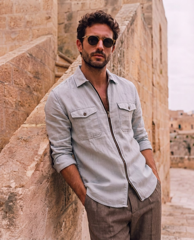 Men Linen Light Blue Regular Shacket