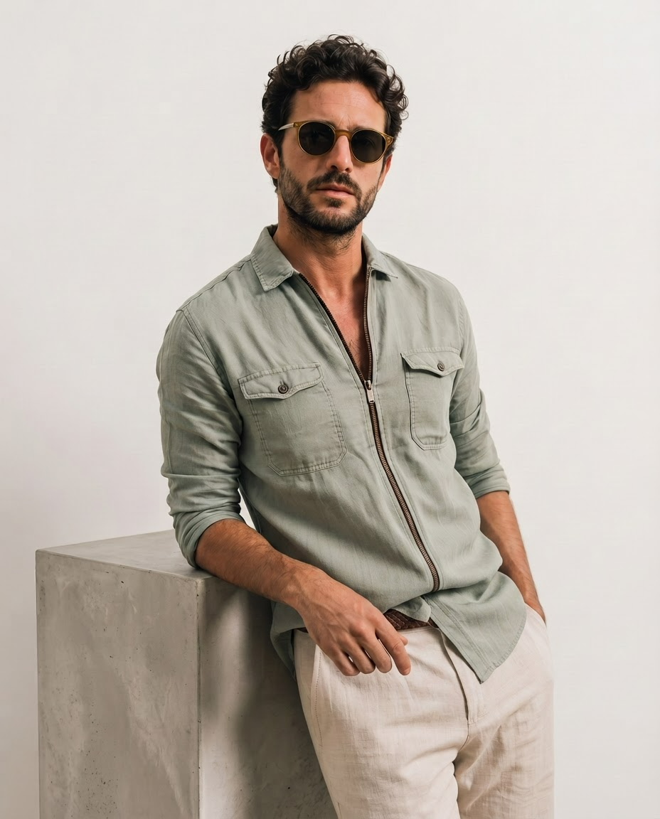 Men Linen Olive Regular Shacket