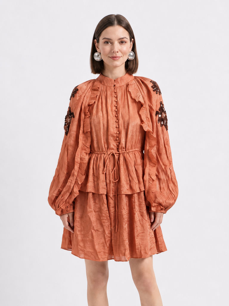 Women Rust Sequin Embroidered Ruffle Detail Tiered Dress